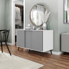 ( White Carcass  +  Grey Doors   , Black legs) 3-Door Sliding Cabinet Sideboard Storage Organiser Home Cupboard on Wooden Legs