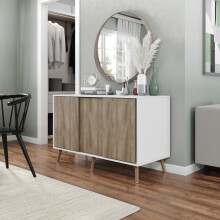 ( White Carcass + Oak Doors , Pine legs) 3-Door Sliding Cabinet Sideboard Storage Organiser Home Cupboard on Wooden Legs