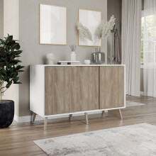 ( White Carcass + Oak Doors , Beech legs) 3-Door Sliding Cabinet Sideboard Storage Organiser Home Cupboard on Wooden Legs