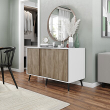 ( White Carcass + Oak Doors , Black legs) 3-Door Sliding Cabinet Sideboard Storage Organiser Home Cupboard on Wooden Legs