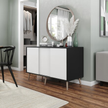 ( Black Carcass + White Doors , Beech legs) 3-Door Sliding Cabinet Sideboard Storage Organiser Home Cupboard on Wooden Legs