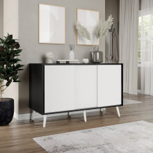 ( Black Carcass + White Doors , White legs) 3-Door Sliding Cabinet Sideboard Storage Organiser Home Cupboard on Wooden Legs