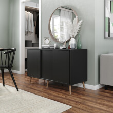 ( Black Carcass + Black Doors , Pine legs) 3-Door Sliding Cabinet Sideboard Storage Organiser Home Cupboard on Wooden Legs