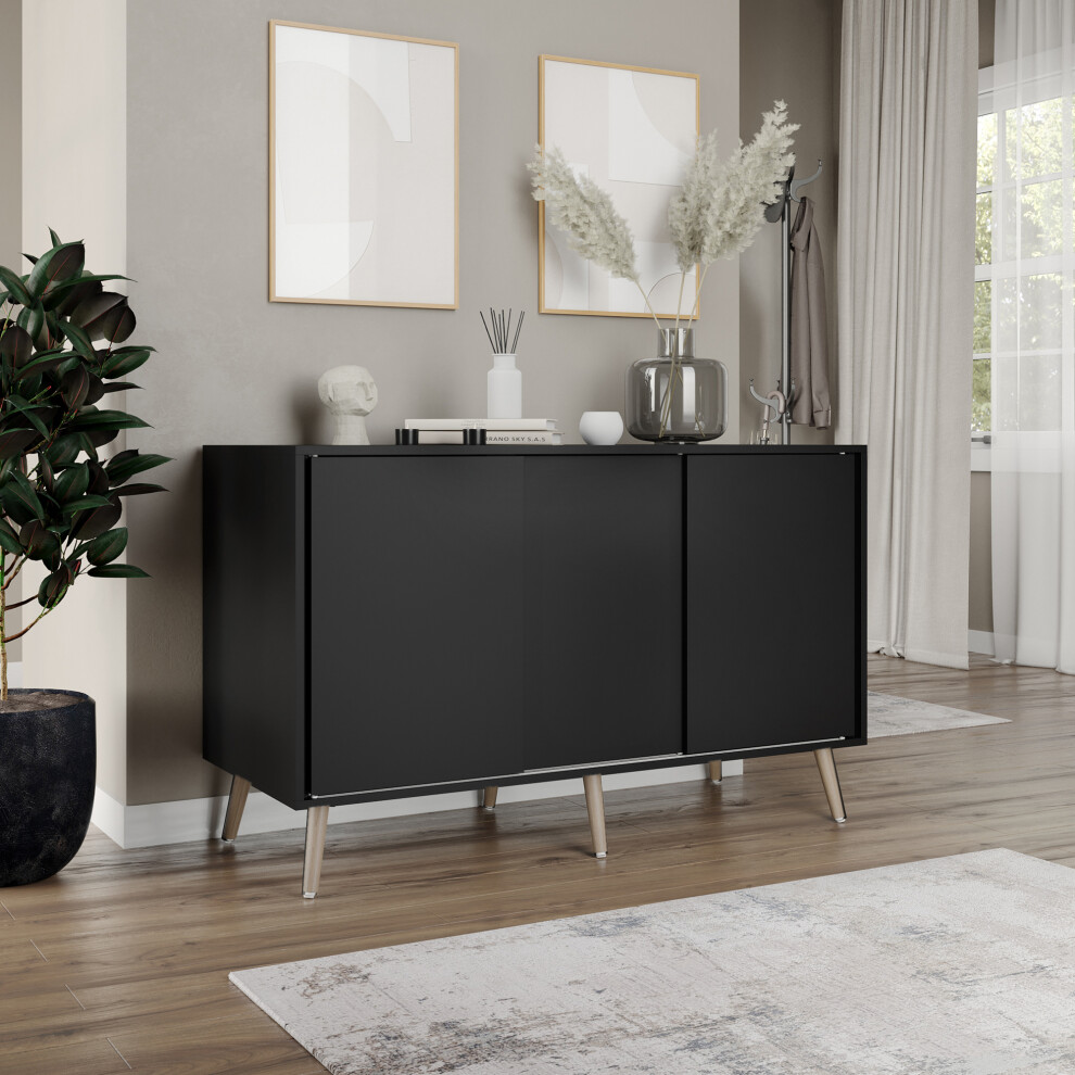 ( Black Carcass   +  Black Doors  , Beech legs) 3-Door Sliding Cabinet Sideboard Storage Organiser Home Cupboard on Wooden Legs-image-OPC-PGYPDXR-NEW