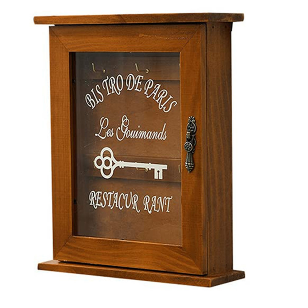 Caja De Llaves De Madera, Estilo Retro, Para Pared, Con Puerta MagnéTica, De Madera Maciza, 6 Ganchos, Color MarróN Oscuro-image