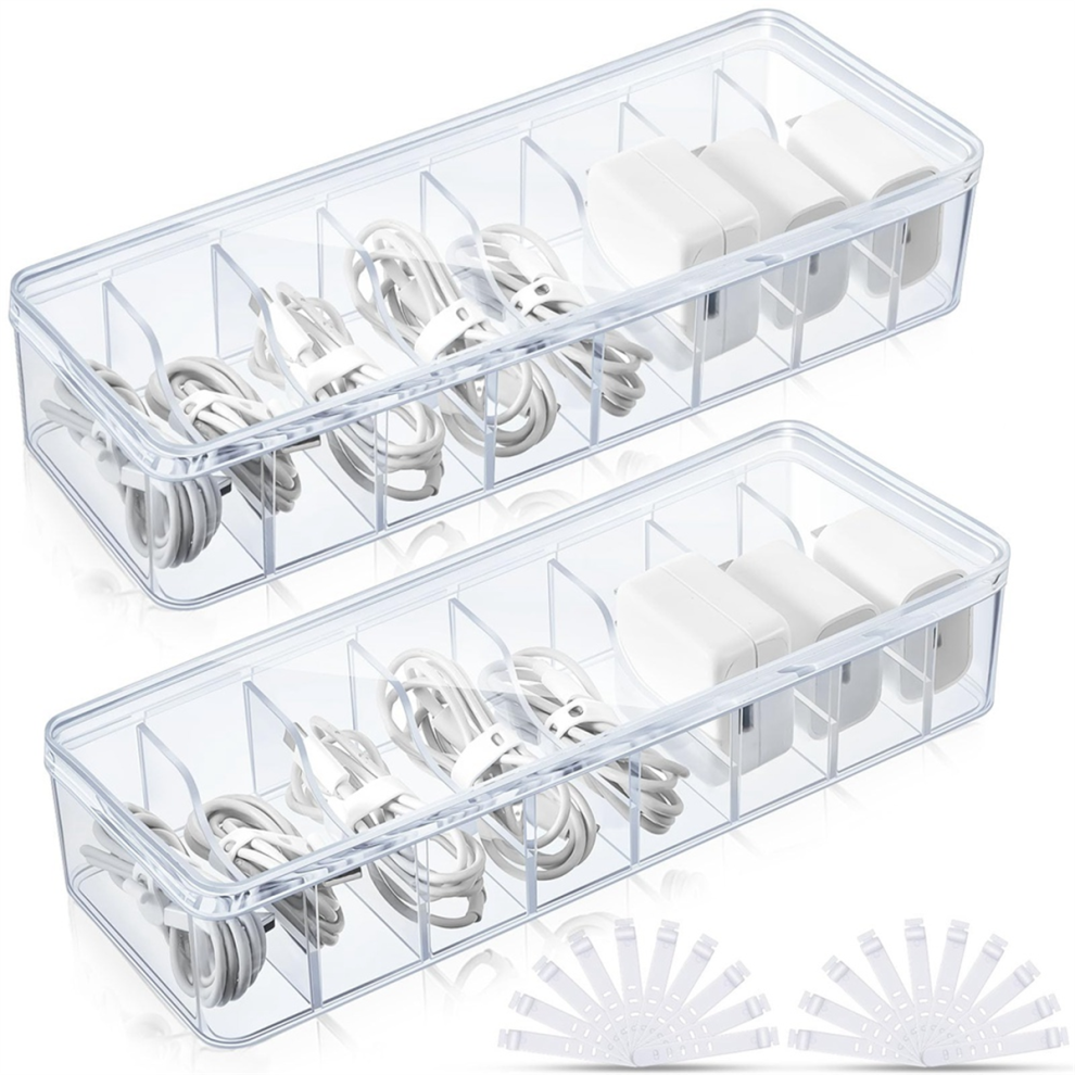 Boîte de rangement pour câbles, 2 pièces, avec attaches métalliques, cordon transparent sans couvercle, organiseur pour bureau à domicile