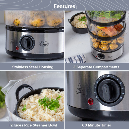 Quest Quest 35220 3 Tier Electric Food Steamer / 7.2L / 3 Stackable Cooking Baskets & Rice Bowl / 60 Minute Timer Function 2