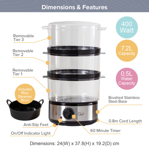 Quest Quest 35220 3 Tier Electric Food Steamer / 7.2L / 3 Stackable Cooking Baskets & Rice Bowl / 60 Minute Timer Function 1