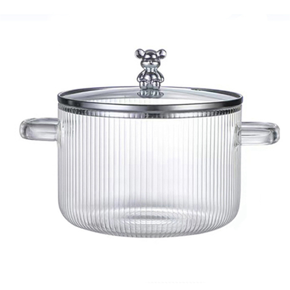 Casserole en verre transparent, marmite chauffante pour soupe, double poignée avec couvercle, argentée