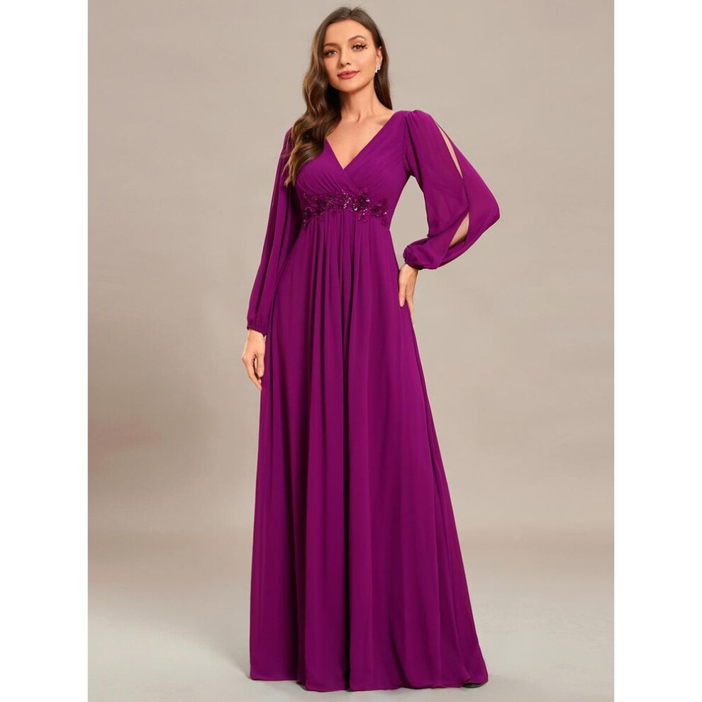 (fuchsia, M) Ever-pretty Women&apos;s Floor Length Long Lantern Sleeves Evening Dresses Chiffon  Deep V Neck Applique  Wedding Guest Dress