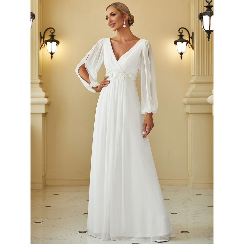 (cream, XL) Ever-pretty Women&apos;s Floor Length Long Lantern Sleeves Evening Dresses Chiffon  Deep V Neck Applique  Wedding Guest Dress