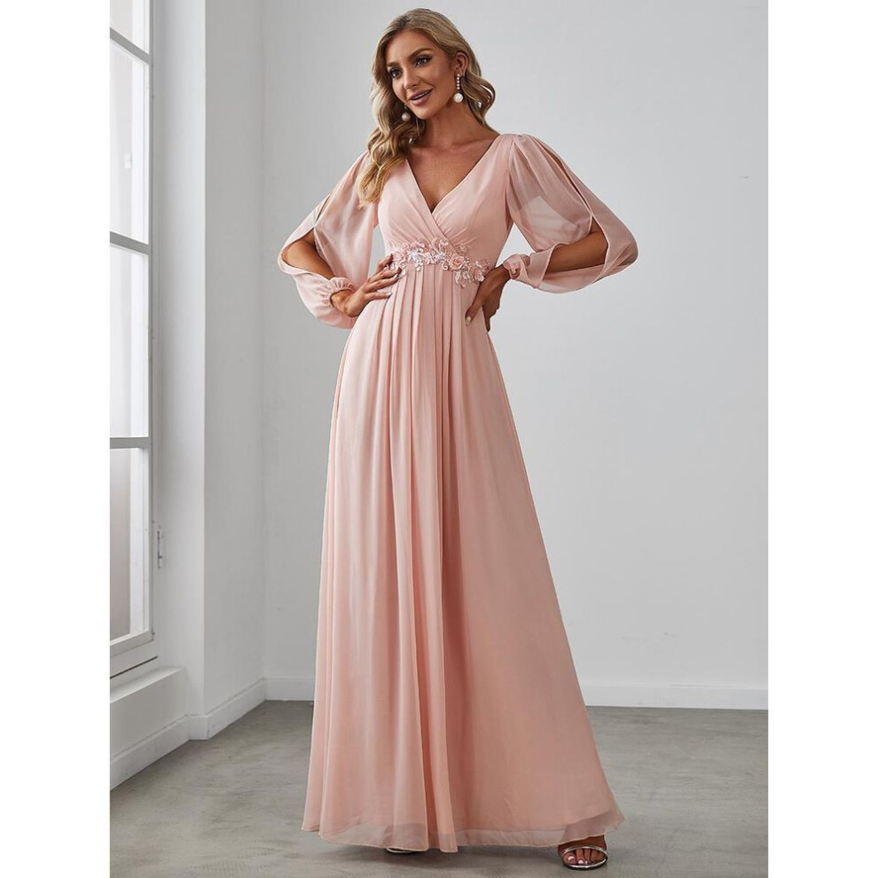 (pink, 2XL) Ever-pretty Women&apos;s Floor Length Long Lantern Sleeves Evening Dresses Chiffon  Deep V Neck Applique  Wedding Guest Dress