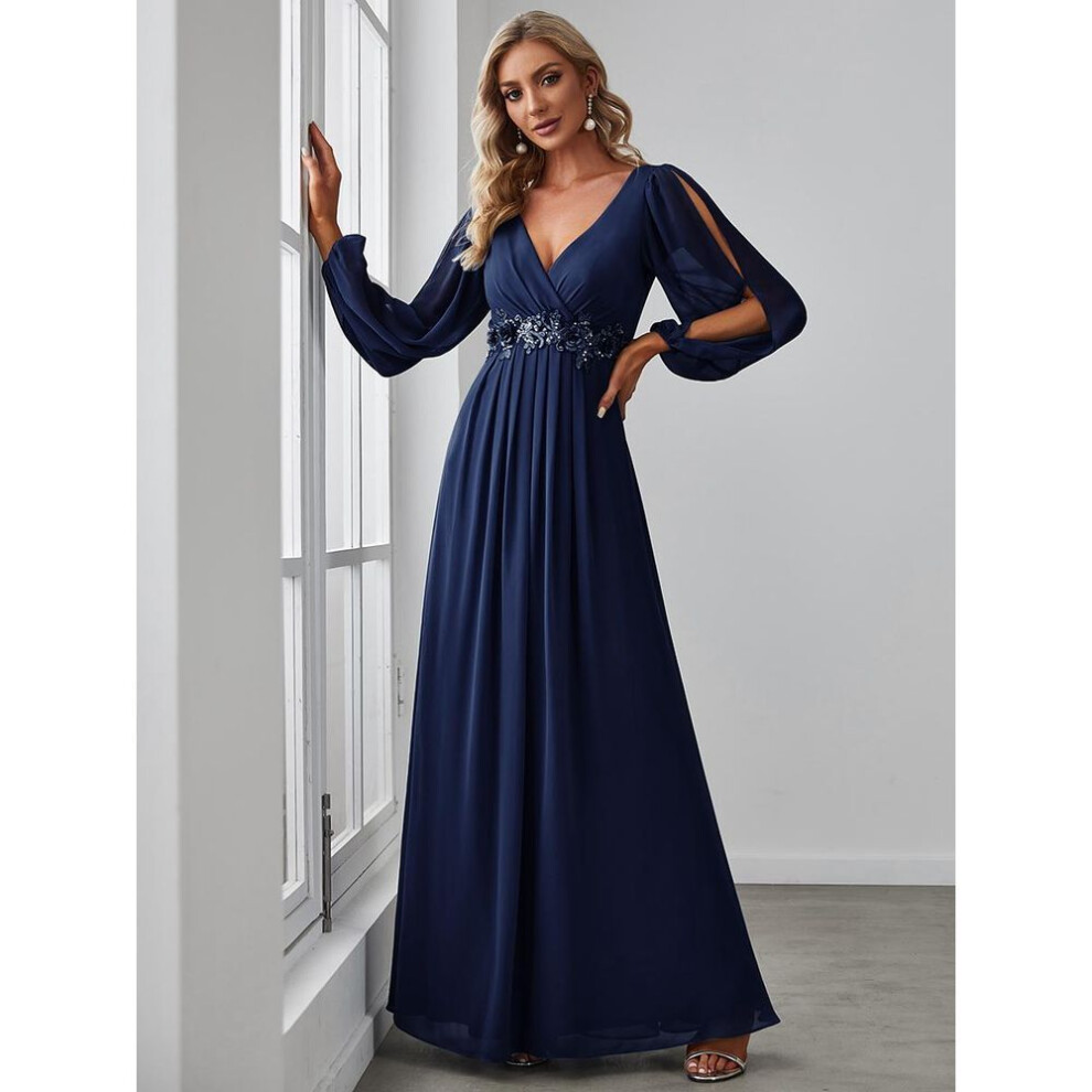 (navy blue, 3XL) Ever-pretty Women&apos;s Floor Length Long Lantern Sleeves Evening Dresses Chiffon  Deep V Neck Applique  Wedding Guest Dress