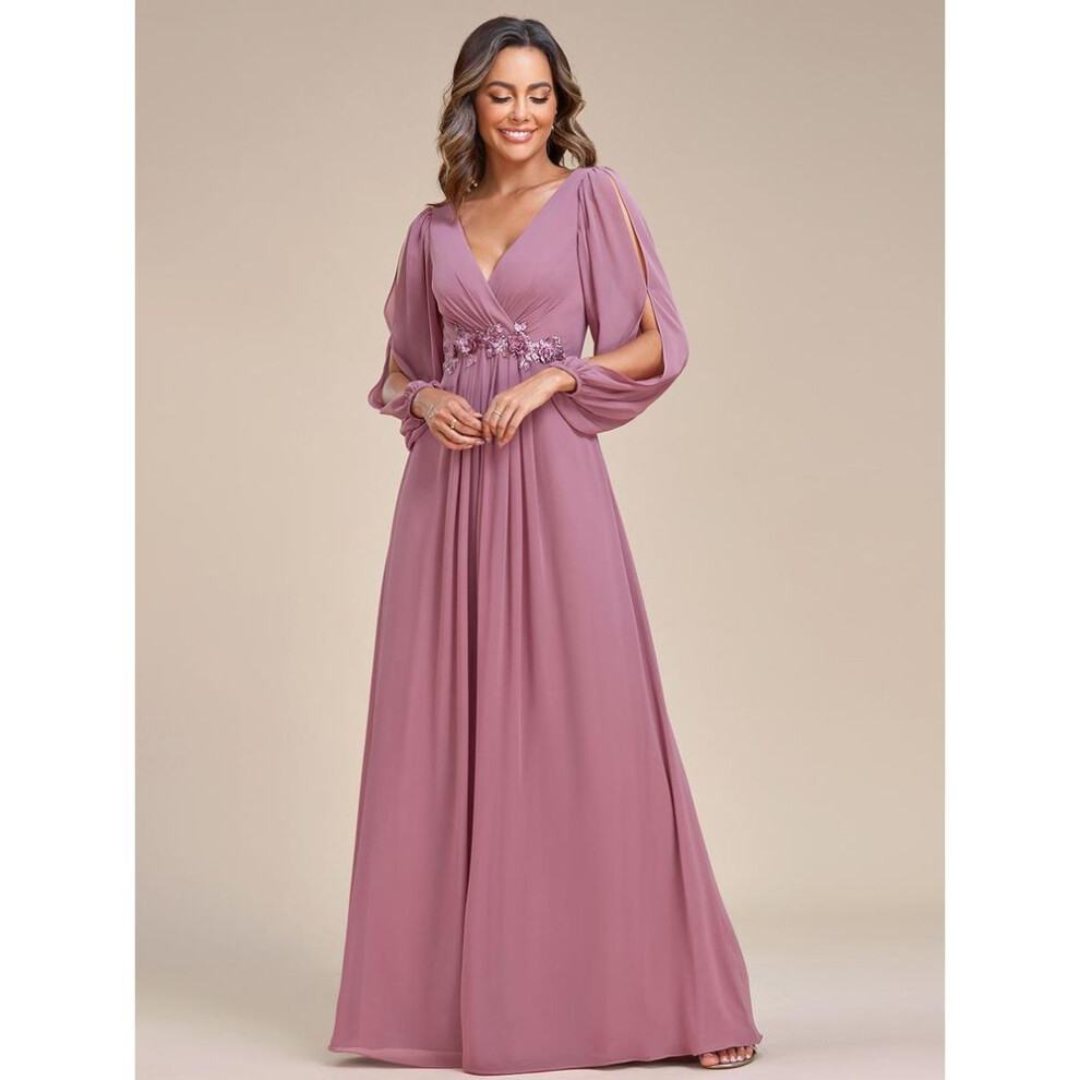 (orchid, M) Ever-pretty Women&apos;s Floor Length Long Lantern Sleeves Evening Dresses Chiffon  Deep V Neck Applique  Wedding Guest Dress