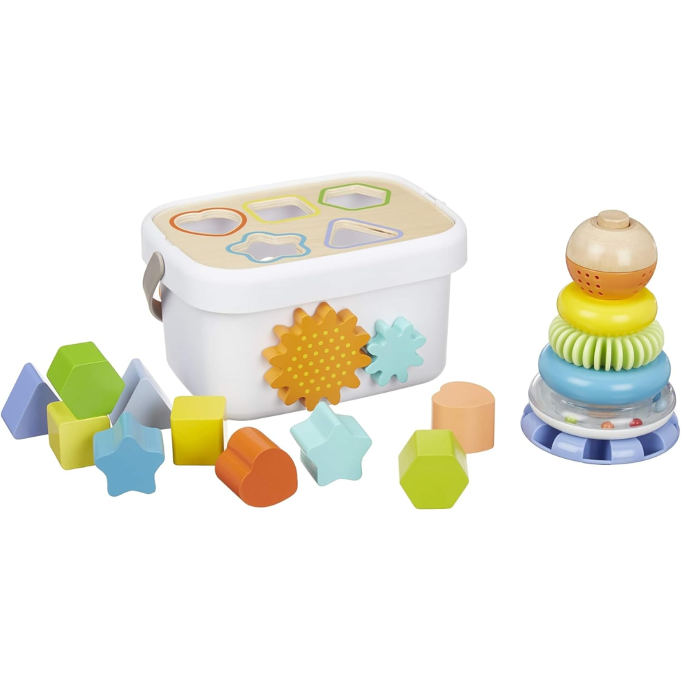 Amazon Basics Wooden Shape Sorter and Rainbow Stacker Classic Baby Toy Set, Medium, Multicolor