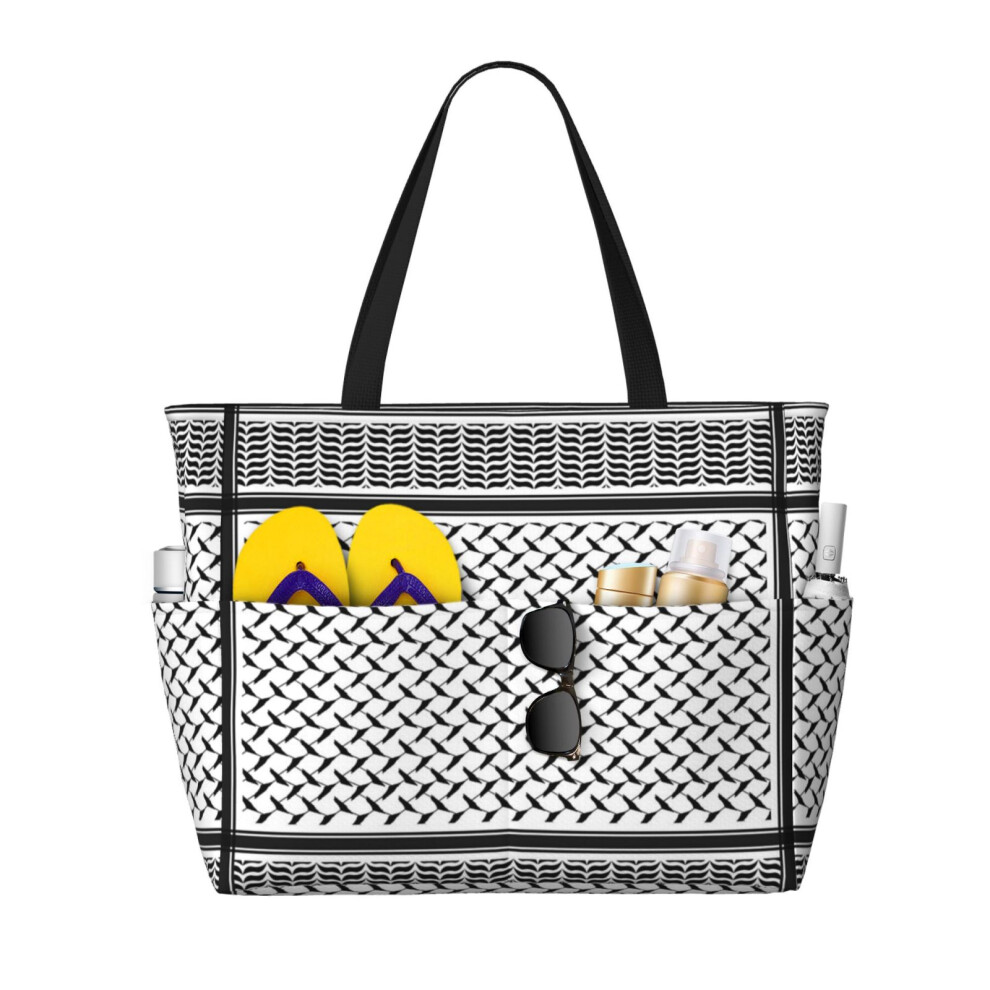 (Palestinian Keffiyeh Palestine Map Pattern_4896) Beach Bag for Women Large Capacity Waterproof Sandproof Tote with 7 Pockets Pool Zipper Bags for Travel Vacation Gym Camping Shopping Lightweight 28L
