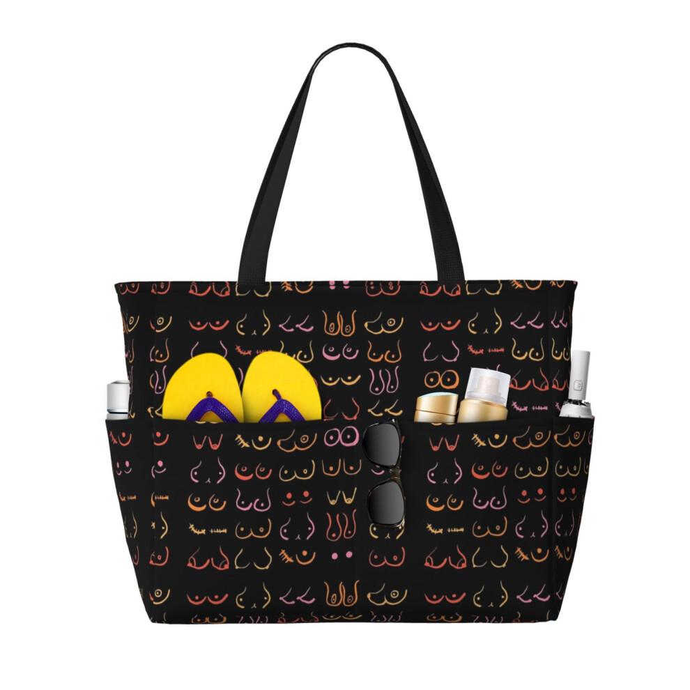 (Neon Boobs Drawing_6106) Beach Bag for Women Large Capacity Waterproof Sandproof Tote with 7 Pockets Pool Zipper Bags for Travel Vacation Gym Camping Shopping Lightweight 28L