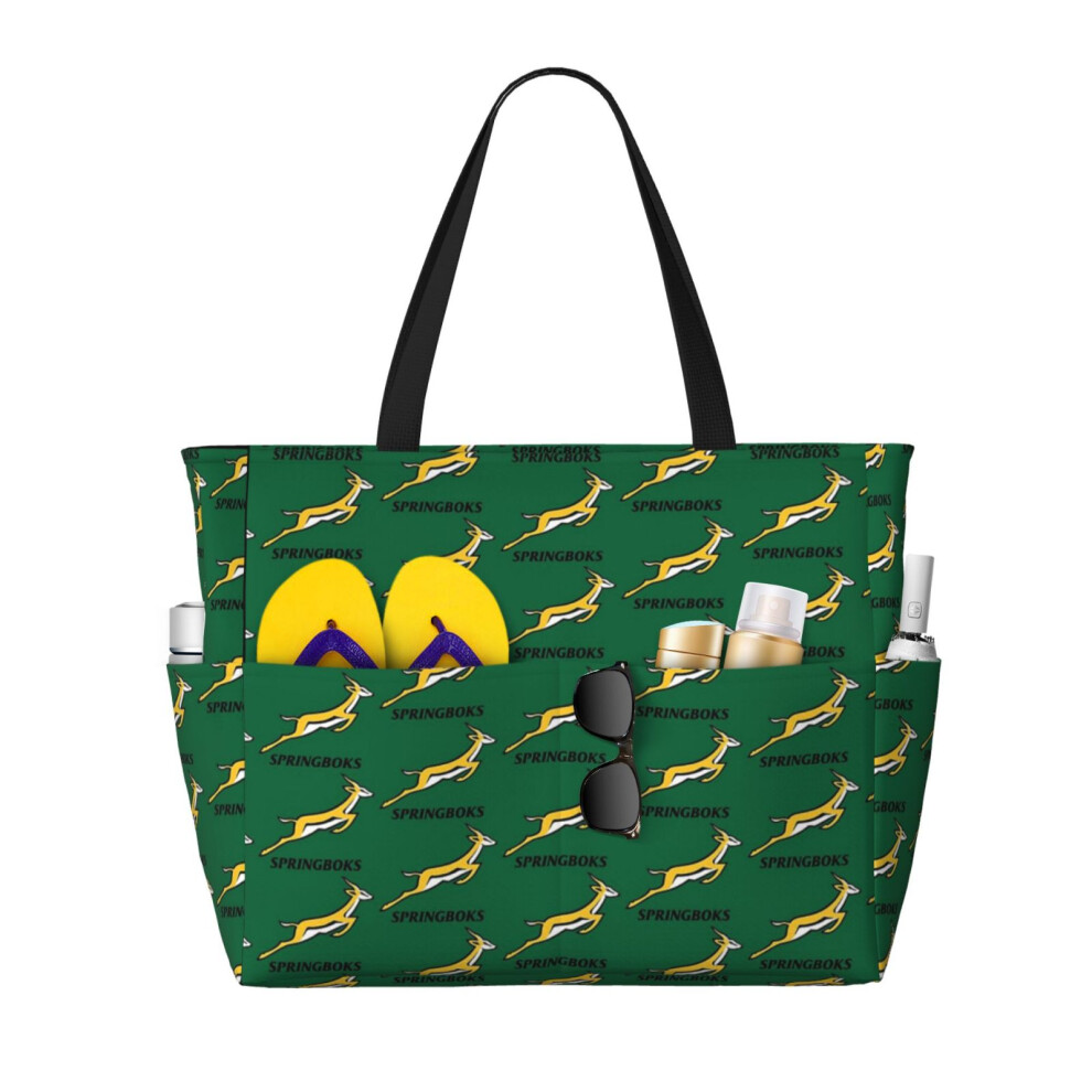 (Springboks Rugby - 2019 Springbok Rugby World Cup Champions_11774) Beach Bag for Women Large Capacity Waterproof Sandproof Tote with 7 Pockets Pool Zipper Bags for Travel Vacation Gym Camping Shopping Lightweight 28L