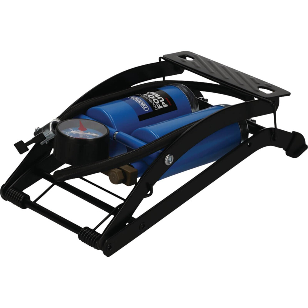 Draper Double-Cylinder Foot Pump | Pressure Gauge and Accessories | Portable Double Barrel Bike and Car Pump | Manual Inflator for Beds and Pools |