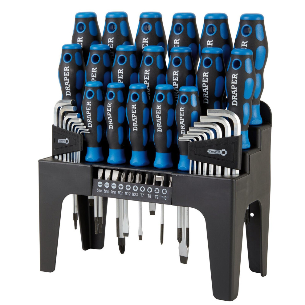 Draper 44 Piece Precision Screwdriver Hex Key and Bit Set | Soft Grip Drivers Hand Tools | DIY and Professional Kit | Tool Stand | Magnetic Tips |