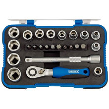 Draper 1/4" 25 Piece Square Drive Metric Socket Set | Micrometre Reversible Hand Tool |Soft Grip Ratchet | 12 Metrics Sockets Mechanics Car Tools |