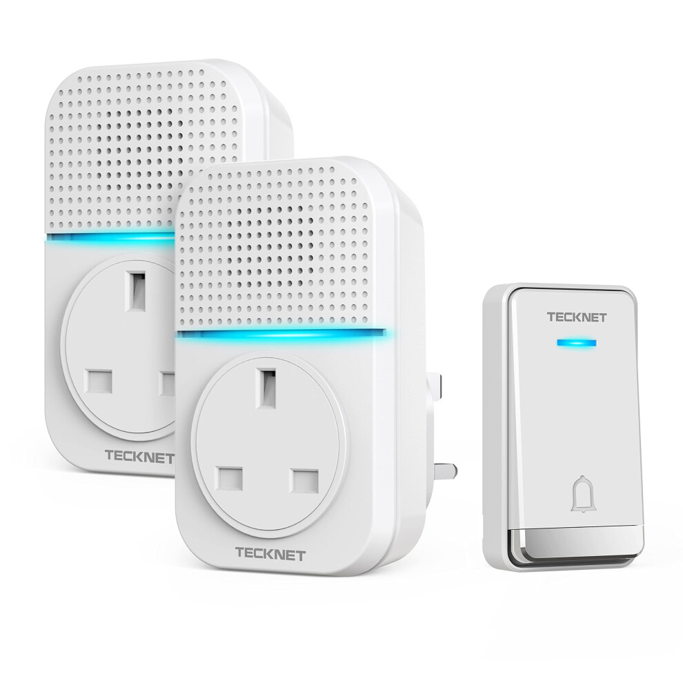 TECKNET Self-Powered Doorbell, Waterproof IP65 Twin Wireless Doorbell No Battery Required Push Button Plug Through Cordless Door Chime at 1300ft Range