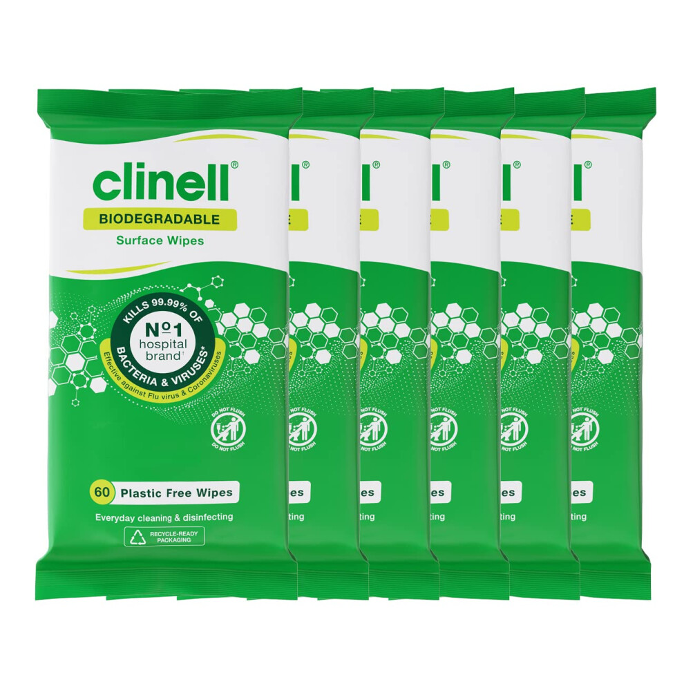 Clinell Universal Biodegradable Cleaning and Disinfectant Wipes for Surfaces - Pack of 6 - 60 Wipes per Pack (360 Wipes) - Plastic Free -