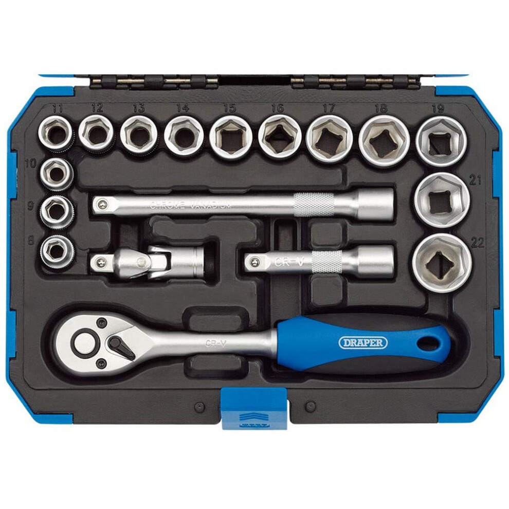 Draper Expert 18 Piece Metric Socket Set | Ratchet Tool and Case | 3/8" Square Drive | HI-TORQ MM/AF Sockets | DIY Home Professional and Car Kit |Hand