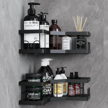 ShowerShelf-LshapeBlack2P-A: 2-Pack Adhesive Corner Shower Caddies, No-Drill, Rust-Resistant Black Bathroom Shelves