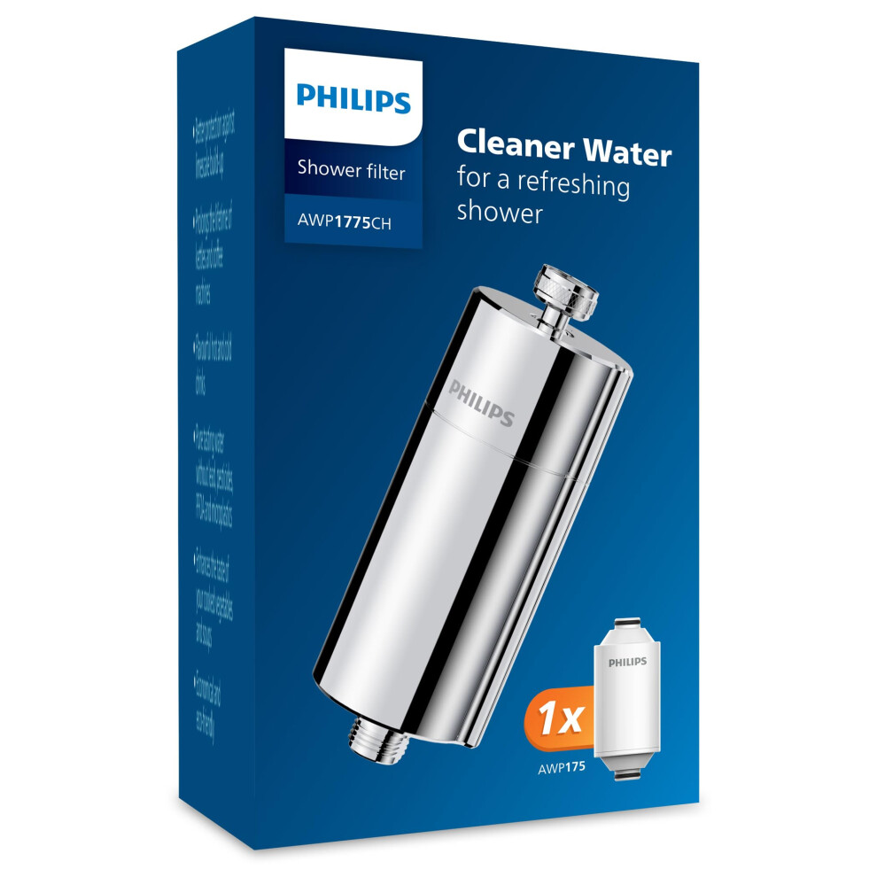 Philips Water in-Line Shower Filter and 1 Replacement Cartridge, 50,000 L Filtration Capacity, Chrome, Reduces Chlorine by up to 99%, fits All