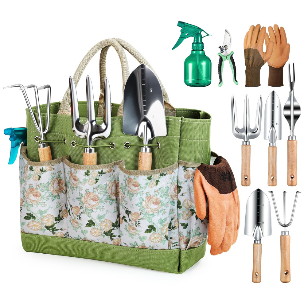 Grenebo Gardening Tools, 9-Piece Heavy Duty Gardening Hand Tools with Fashion and Durable Garden Tools Organizer Handbag,Rust-Proof Garden Set, Ideal