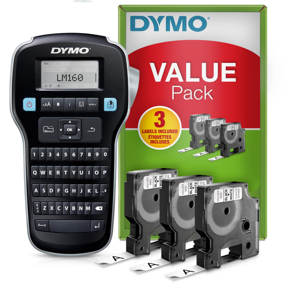 DYMO LabelManager 160 Label Maker Starter Kit with 3 Rolls of D1 Label Tape, Handheld Label Printer Machine, QWERTY Keyboard, Ideal for Office or Home