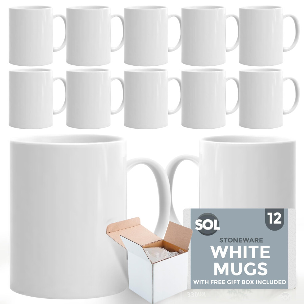 SOL 12pk White Mugs - 11oz 100% Lead & Cadmium Free Stoneware Coffee & Tea Mugs - Perfect for Kitchens, Restaurants & Cafes, Great Gift Idea