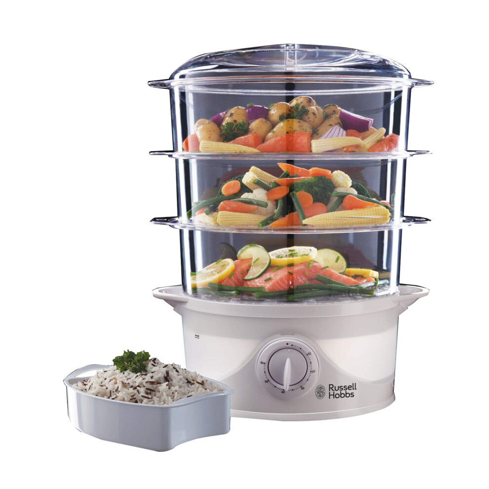 Russell Hobbs 3 Tier Electric Food Steamer, 9L, Dishwasher safe BPA free baskets, Stackable baskets, 1L Rice bowl inc, 60 min timer, Steams in 40