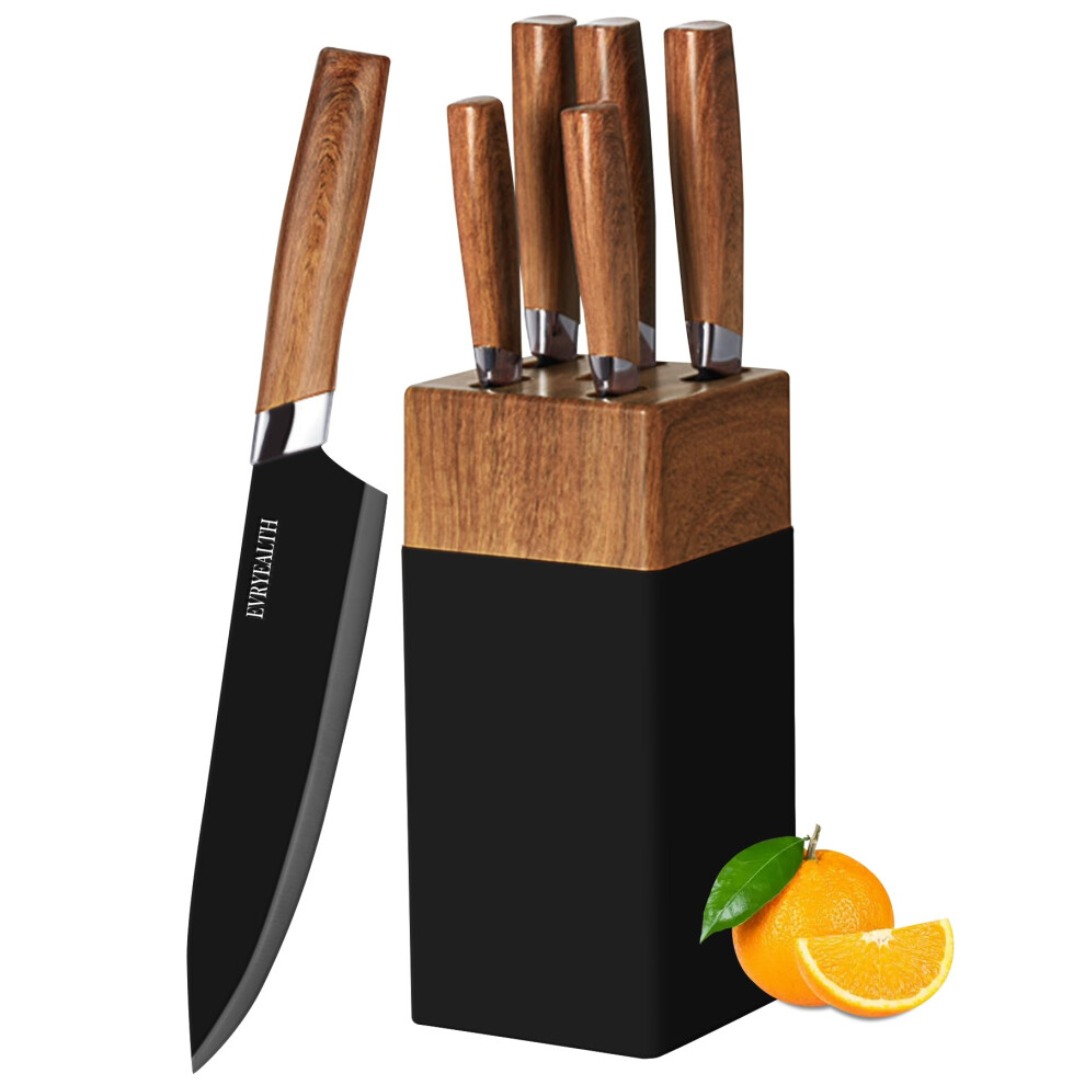 lapelux Kitchen Knife Set - 5 Piece Knife Set with Block, Wood Grain Handle, Stainless Steel Knivese with Chef, Bread, Slicer, Utility, Paring Knife