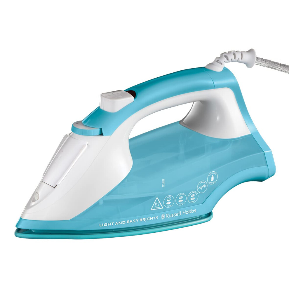 Russell Hobbs Light & Easy Brights Aqua Steam Iron, Fabric Softening Infused Ceramic Soleplate. 2x smoother glide, 2x durability, 240ml Water Tank,