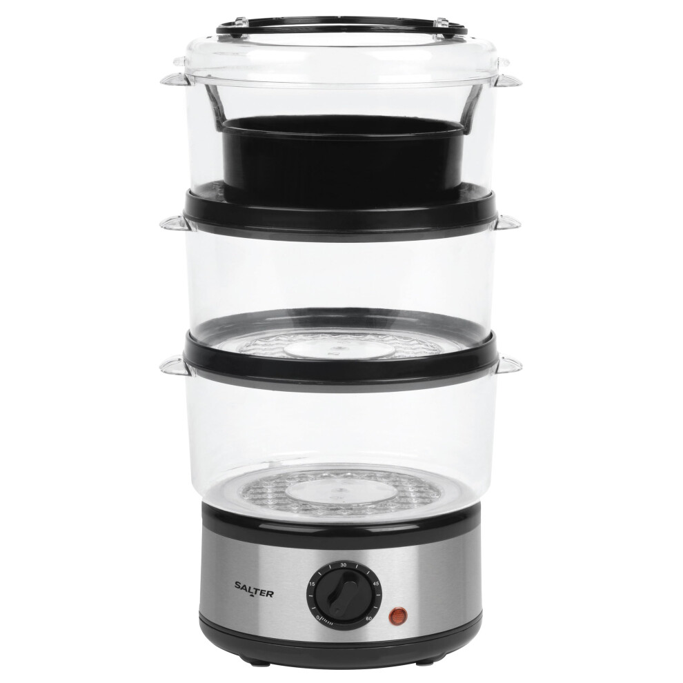 Salter 3 Tier Electric Food Steamer - 7.5L, Stackable Steaming Baskets, Dishwasher Safe, BPA Free Includes Rice Bowl, 60 Minute Timer, Compact