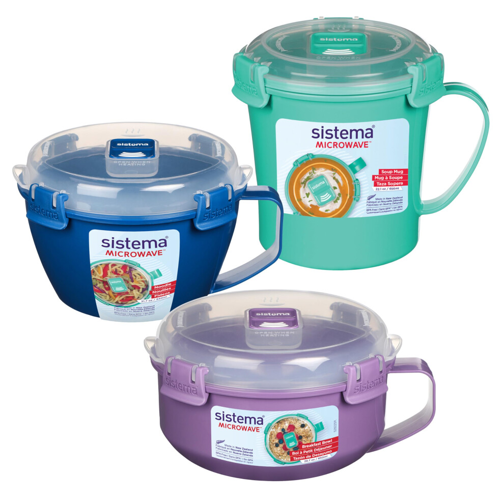 Sistema Microwave Containers | Soup Mug, Porridge Bowl & Noodle Bowl | Food Containers With Steam Release Vents | BPA-Free | Red | 3 Count