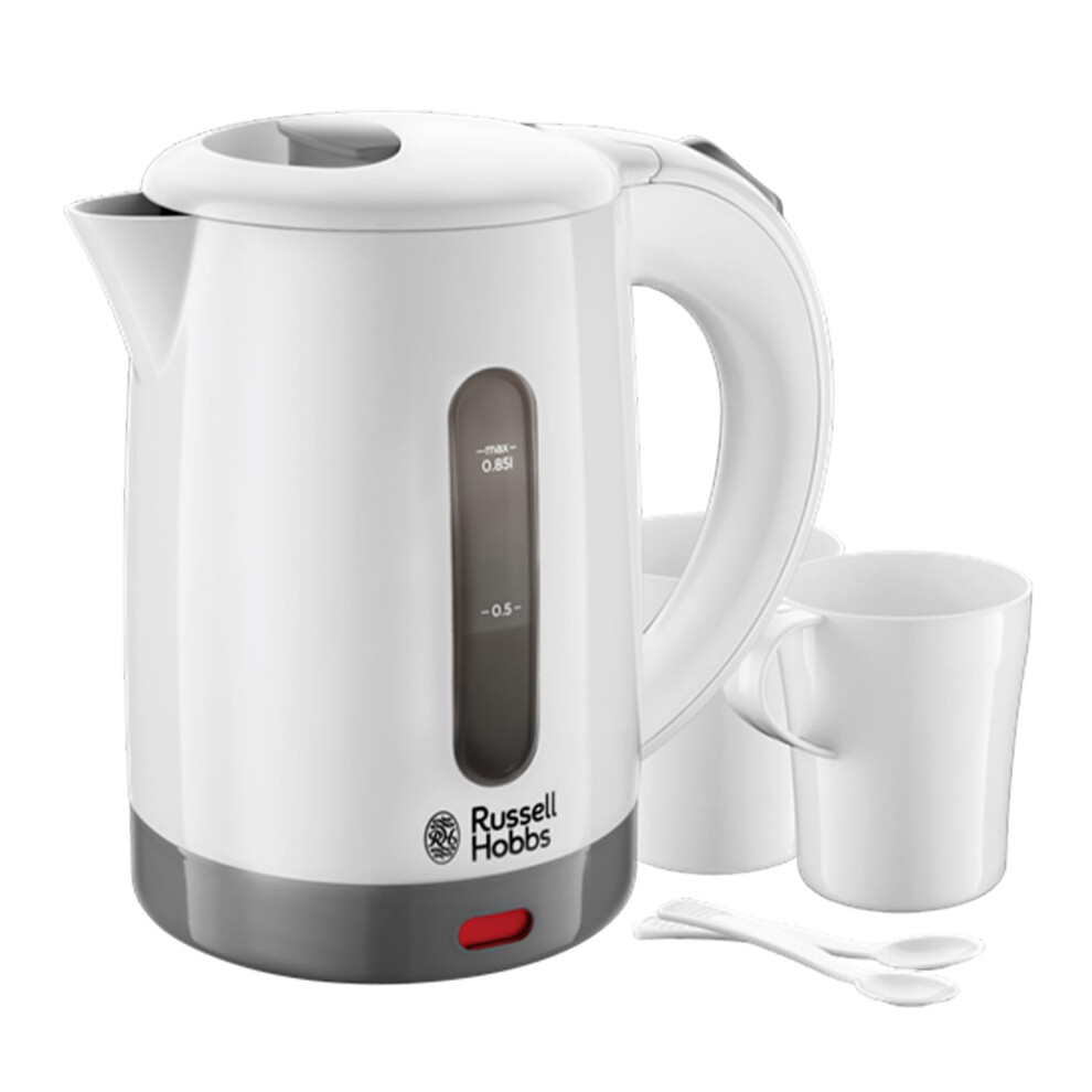Russell Hobbs Electric 0.85L Travel Kettle, Small & Compact, Dual voltage, Ideal for abroad/caravan/camping, inc 2 cups & spoons, Removable washable