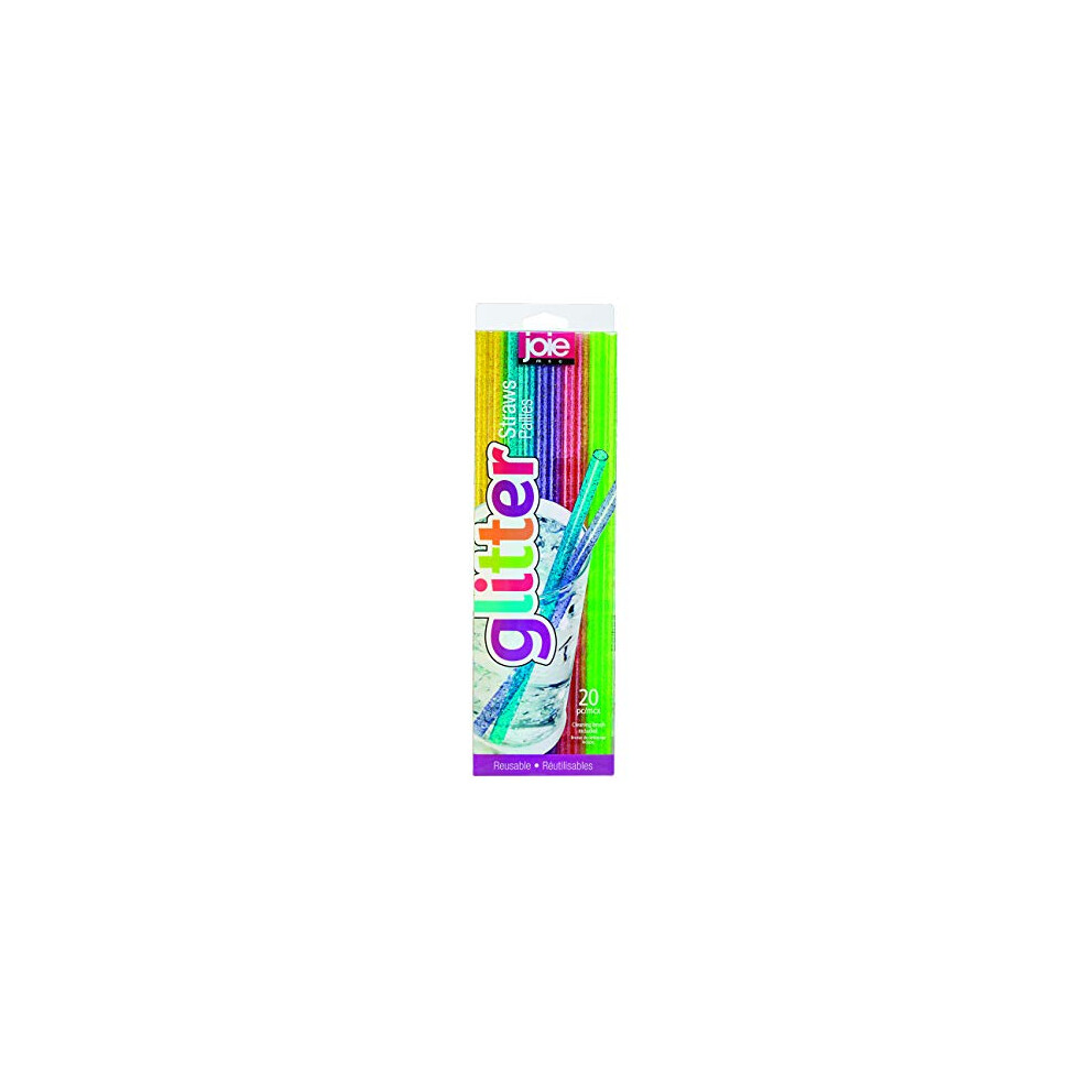 Joie Reusable Plastic Straws – 20-Piece Glitter Drinking Straws Set with Cleaning Brush, BPA-Free, Eco-Friendly & Dishwasher Safe, Colorful