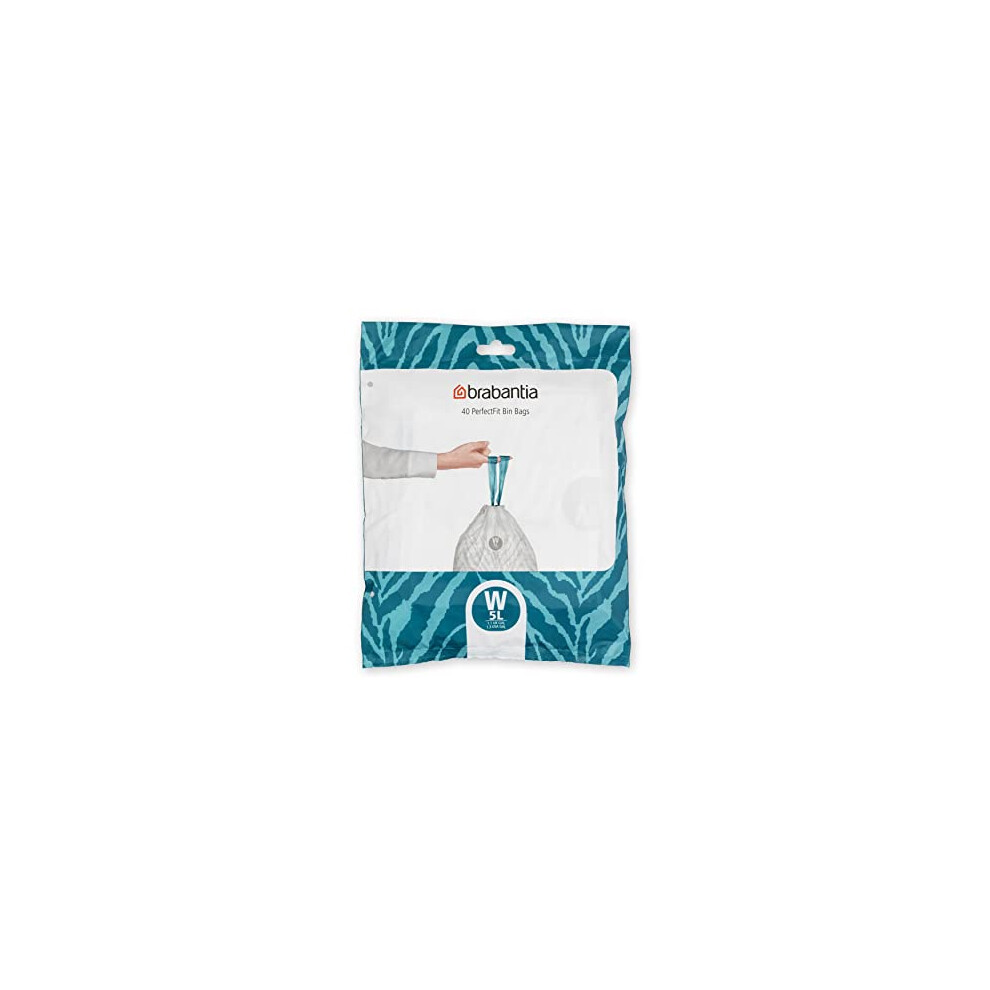 Brabantia 137846 PerfectFit Bin Liners (Size W/5 Litre) Thick Plastic Trash Bags with Tie Tape Drawstring Handles (40 Bags), White