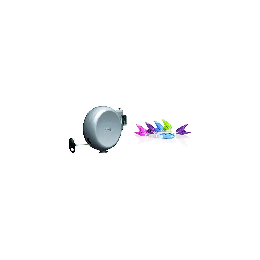 Minky Retractable Reel Washing Line with 15 m of Drying Space, Grey with SureGrip Pegs, Green, Pack of 24