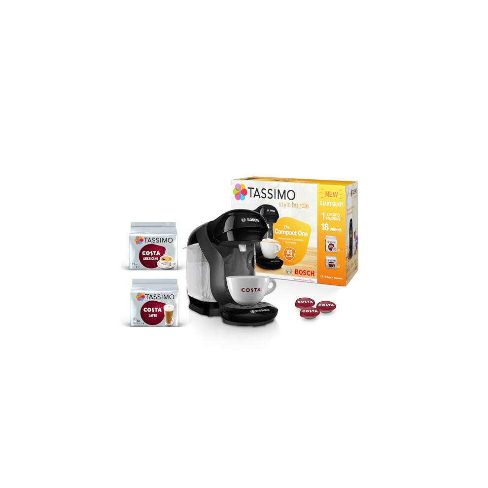 Tassimo by Bosch Style Pod Coffee Machine with Costa Americano & Costa Latte Starter Bundle, TAS1102GB2- Black