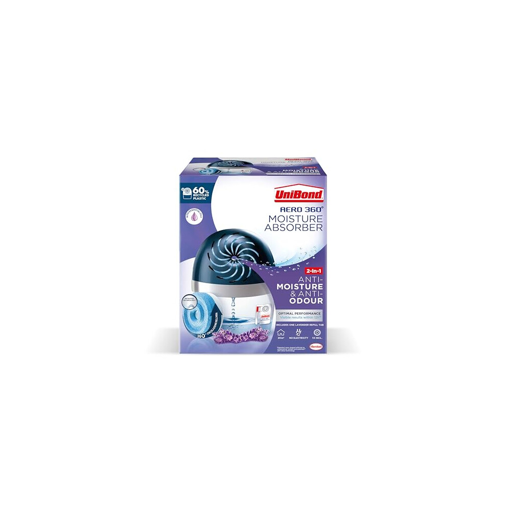 UniBond AERO 360º Lavender Moisture Absorber, 1 Device incl. 1 Lavender Refill Tab 450g, Ultra-Absorbent Dehumidifier, Helps to Prevent Condensation,