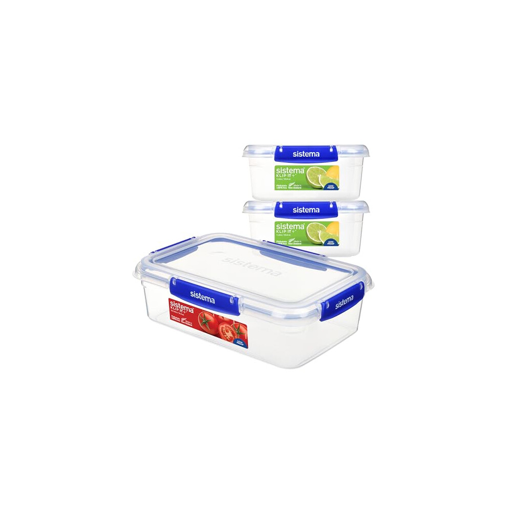 Sistema KLIP IT PLUS Leakproof Food Storage Containers | 2 x 1L & 2.2 L | Airtight, Stackable & Nestable Meal Prep Containers with Lids | School Lunch