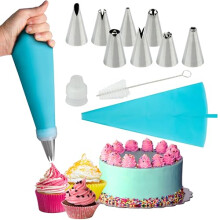 Silicone Piping Bags, 8 pcs Stainless Steel Nozzles Set with Coupler, 30cmx17cm-1 Reusable Icing Piping Bag with Cleaning Brush for Decorating Cakes,