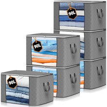 Storage Bags Clothes Organizer 6 Pack Grey, Large Moving Boxes 90L Capacity, 3 Sided Zipper Storage Box. Dust/Mites Proof 55 x 43 x 35cm