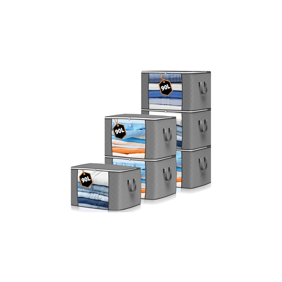 Storage Bags Clothes Organizer 6 Pack Grey, Large Moving Boxes 90L Capacity, 3 Sided Zipper Storage Box. Dust/Mites Proof 55 x 43 x 35cm