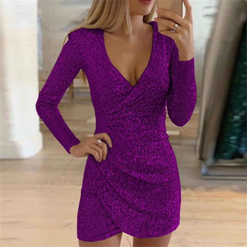 (purple, XXL) 2024 European-american Sequined Slim V-neck Long-sleeve Dress With Irregular Hem Skirt