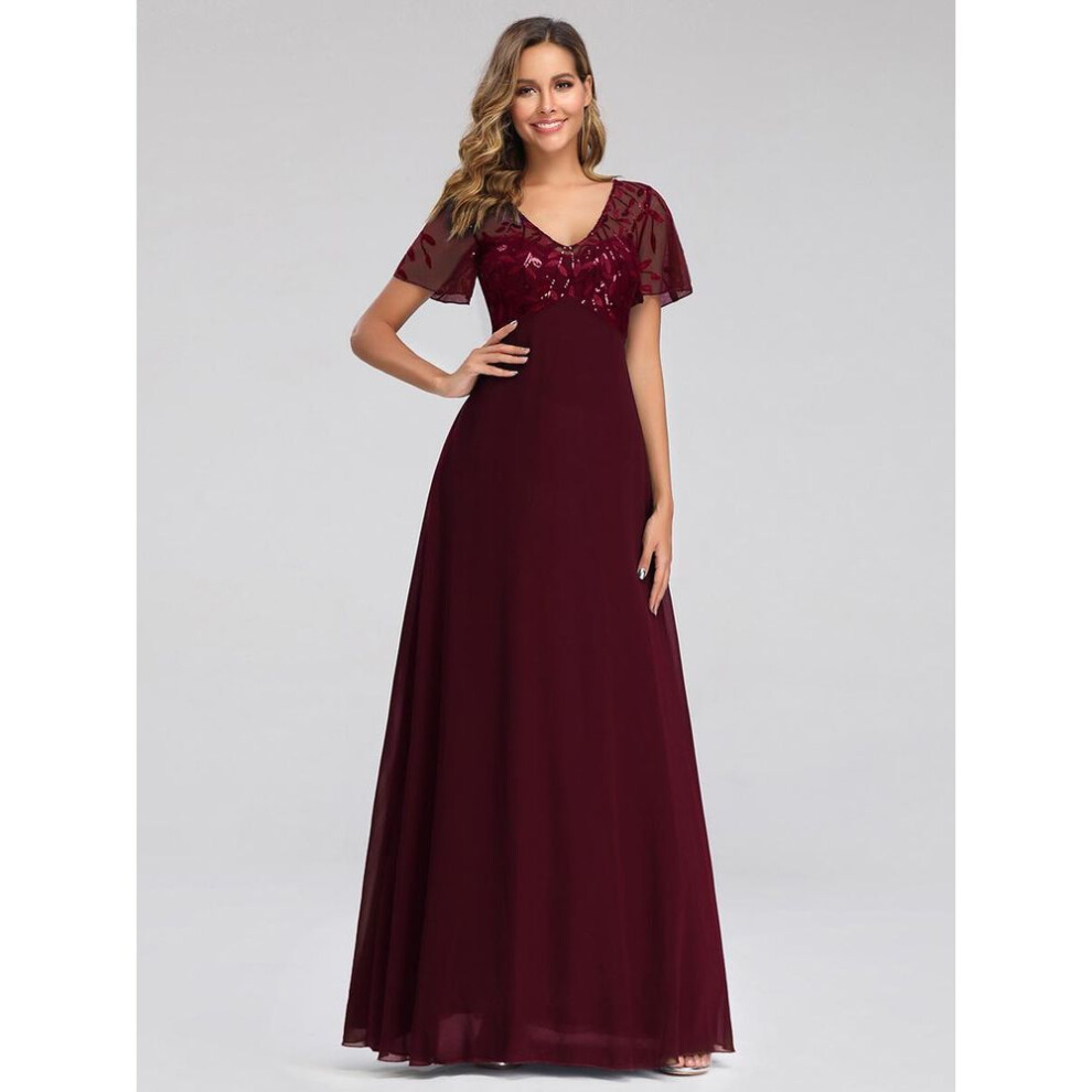 (burgundy, M) Ever-pretty Women&apos;s A-line V-neck Floral Sequin Print Embroidered Maxi Party Evening Dresses
